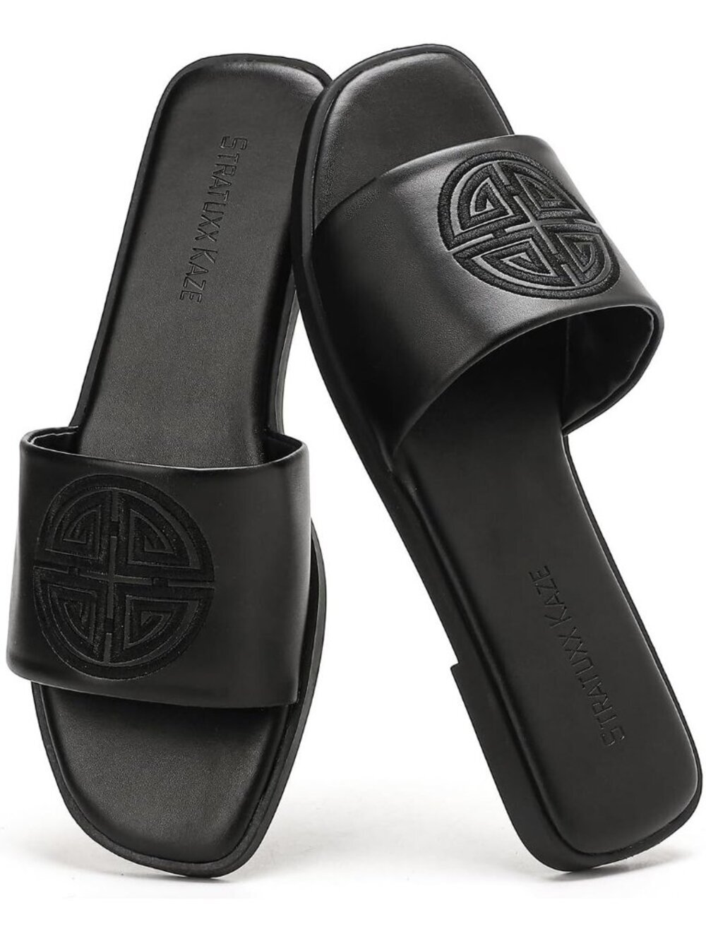 Women's Black Soft Faux Leather Slides Flat With Memory Foam Comfortable Shoes